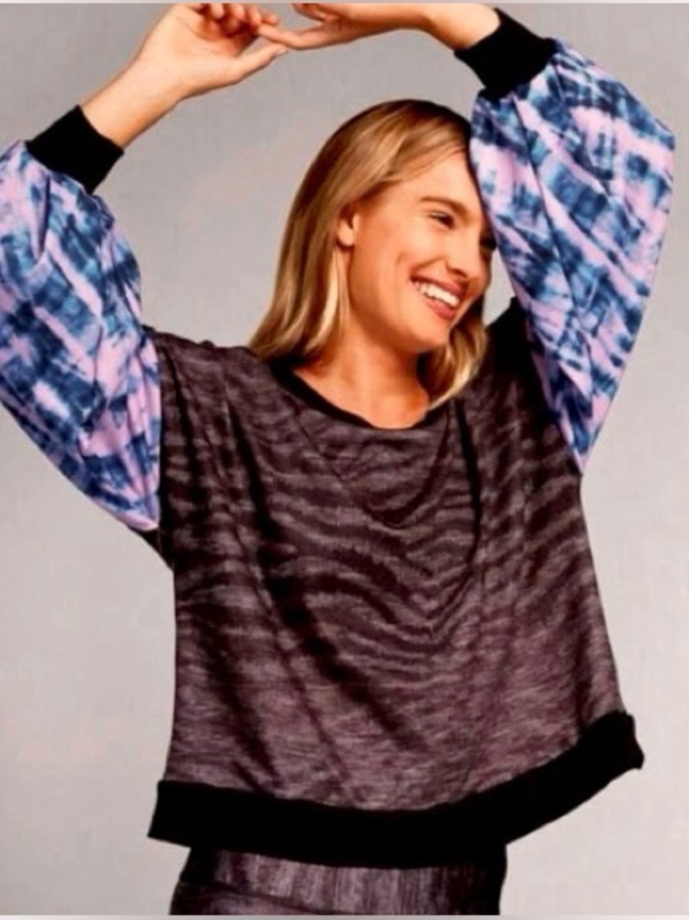 Terez Show Your Stripes Grey Heathered Sweatshirt with Tie Dye Sleeves
